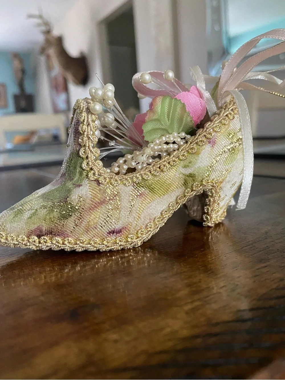 Vintage Victorian Style Decorative Shoe Ornament Pink Rose Floral Gold Trim
